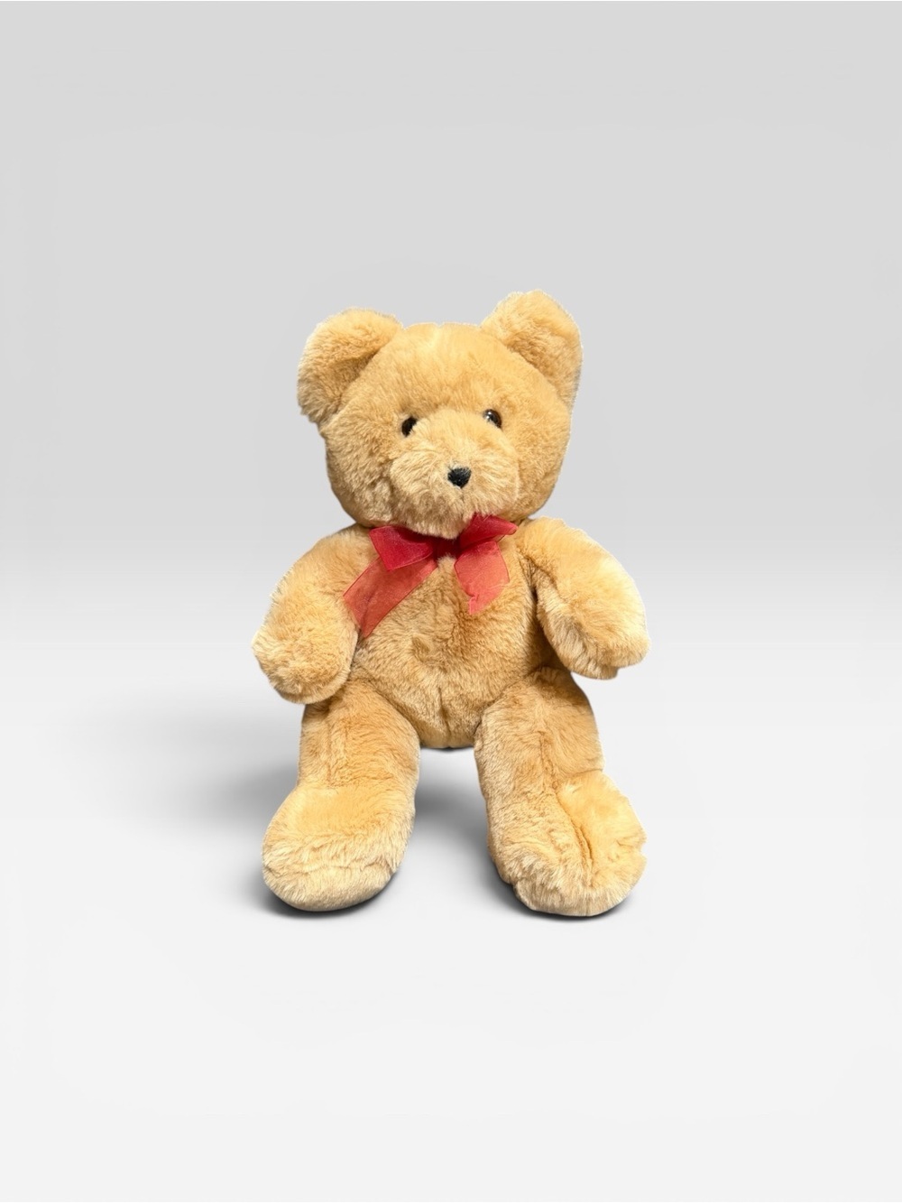 Vintage Classic Tan Plush Teddy Bear with Red Bow - Kids Toys